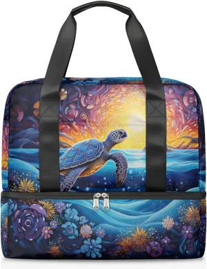Travel Duffel Bags Sea Turtle Floral Sports Gym Bag with Wet Pocket & Shoes Compartment Large Duffel Bags Waterproof Overnight Bag Weekender Bags for Women Men