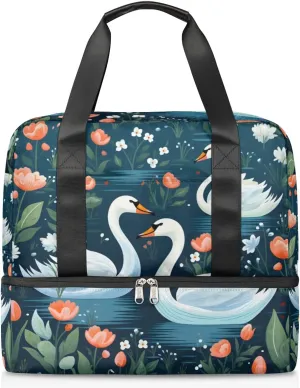Travel Duffel Bags Swans Floral Sports Gym Bag with Wet Pocket & Shoes Compartment Large Duffel Bags Waterproof Overnight Bag Weekender Bags for Women Men