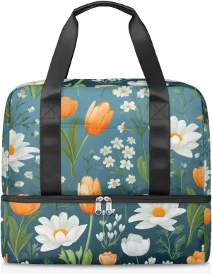 Travel Duffel Bags Tulips Daisy Sports Gym Bag with Wet Pocket & Shoes Compartment Large Duffel Bags Waterproof Overnight Bag Weekender Bags for Women Men