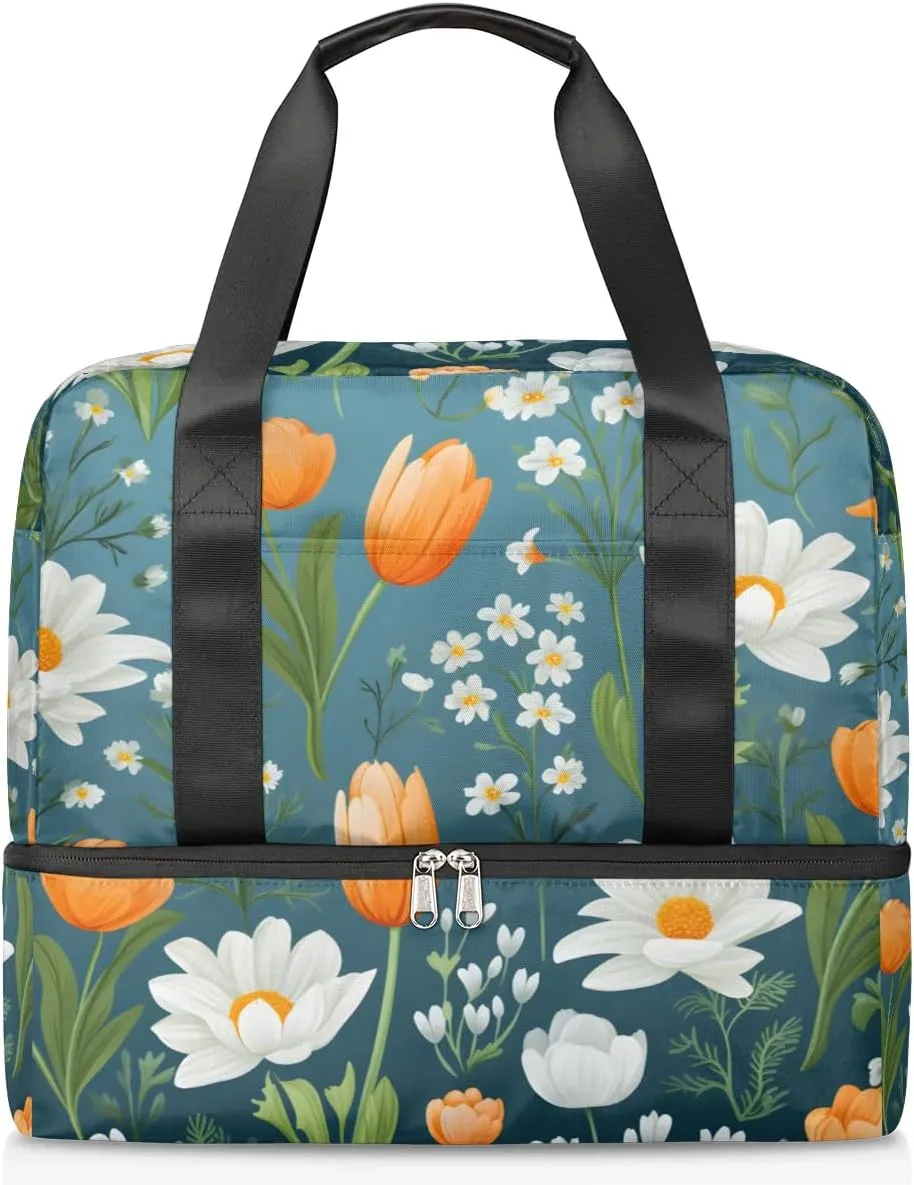 Travel Duffel Bags Tulips Daisy Sports Gym Bag with Wet Pocket & Shoes Compartment Large Duffel Bags Waterproof Overnight Bag Weekender Bags for Women Men