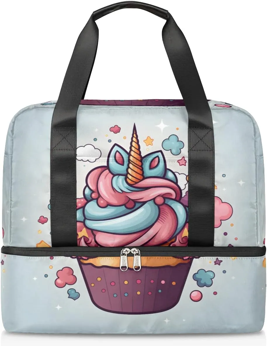 Travel Duffel Bags Unicorn Cupcake Sports Gym Bag with Wet Pocket & Shoes Compartment Large Duffel Bags Waterproof Overnight Bag Weekender Bags for Women Men