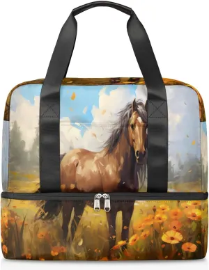 Travel Duffel Bags Watercolor Horse Sports Gym Bag with Wet Pocket & Shoes Compartment Large Duffel Bags Waterproof Overnight Bag Weekender Bags for Women Men