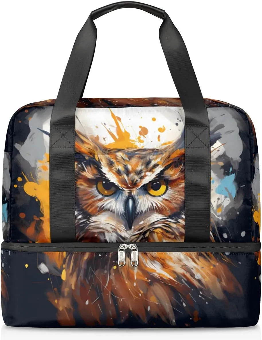 Travel Duffel Bags Watercolor Owl Sports Gym Bag with Wet Pocket & Shoes Compartment Large Duffel Bags Waterproof Overnight Bag Weekender Bags for Women Men