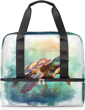 Travel Duffel Bags Watercolor Turtle Sports Gym Bag with Wet Pocket & Shoes Compartment Large Duffel Bags Waterproof Overnight Bag Weekender Bags for Women Men