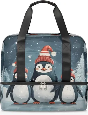 Travel Duffel Bags Winter Cute Penguins Sports Gym Bag with Wet Pocket & Shoes Compartment Large Duffel Bags Waterproof Overnight Bag Weekender Bags for Women Men