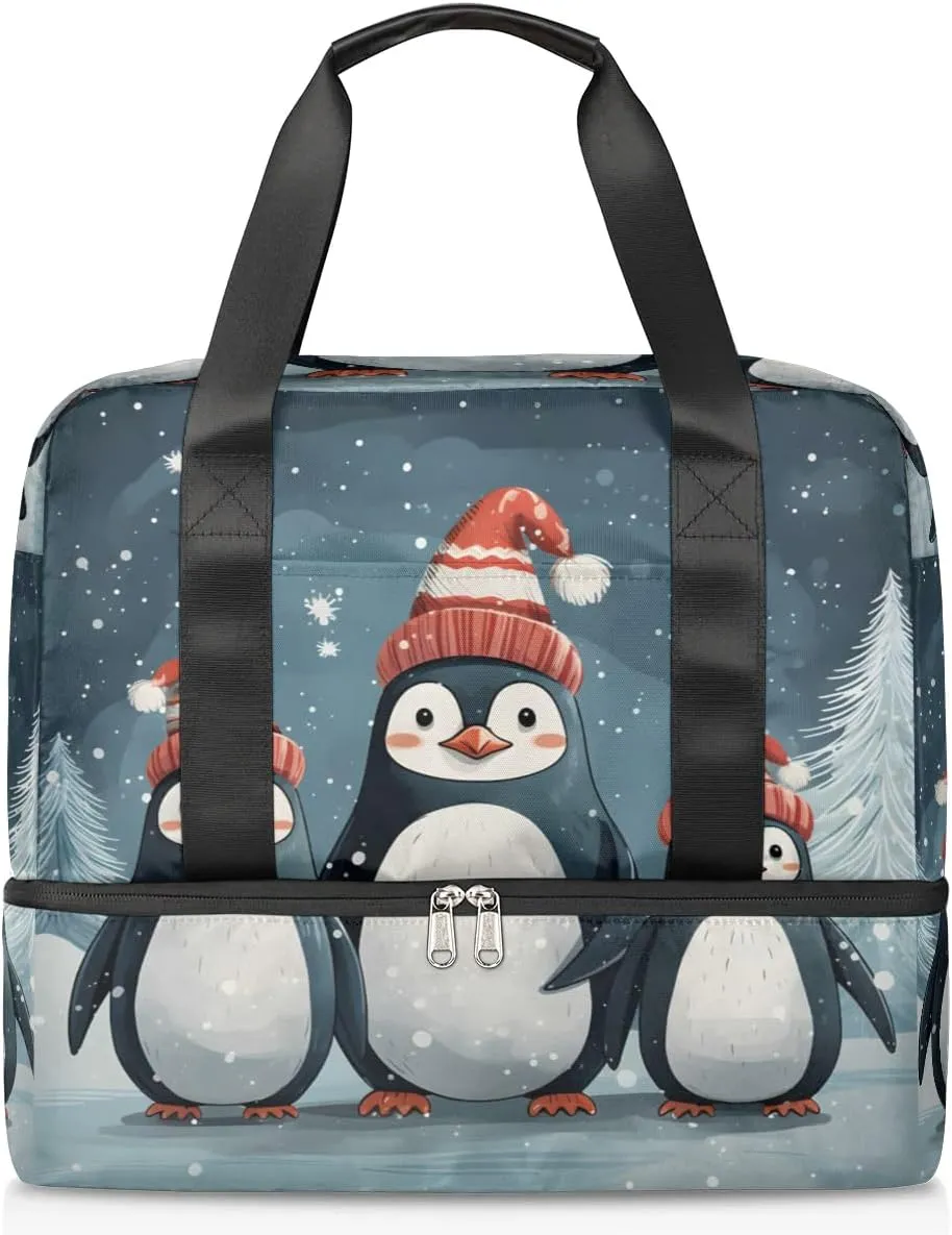 Travel Duffel Bags Winter Cute Penguins Sports Gym Bag with Wet Pocket & Shoes Compartment Large Duffel Bags Waterproof Overnight Bag Weekender Bags for Women Men