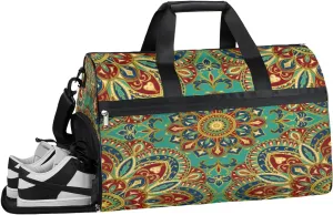 Tribal Floral Mandala Resistant Sports Gym Bag for Women Men Travel Duffel bag with Wet Pocket & Shoes Compartment Waterproof Weekender Bag 19.7"x9.9"x13"