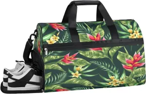 Tropical Flower Palm Leaves Resistant Sports Gym Bag for Women Men Travel Duffel bag with Wet Pocket & Shoes Compartment Waterproof Weekender Bag 19.7"x9.9"x13"