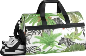 Tropical Zebra Leaves Resistant Sports Gym Bag for Women Men Travel Duffel bag with Wet Pocket & Shoes Compartment Waterproof Weekender Bag 19.7"x9.9"x13"