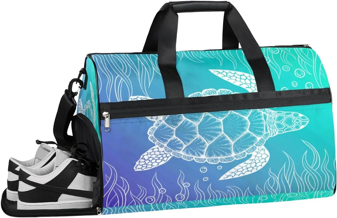 Turtle Sports Gym Bag with Wet Pocket & Shoes Compartment Waterproof Workout Duffel Bag for Women and Men Weekender Overnight Duffle Bag Travel Carry-on Tote