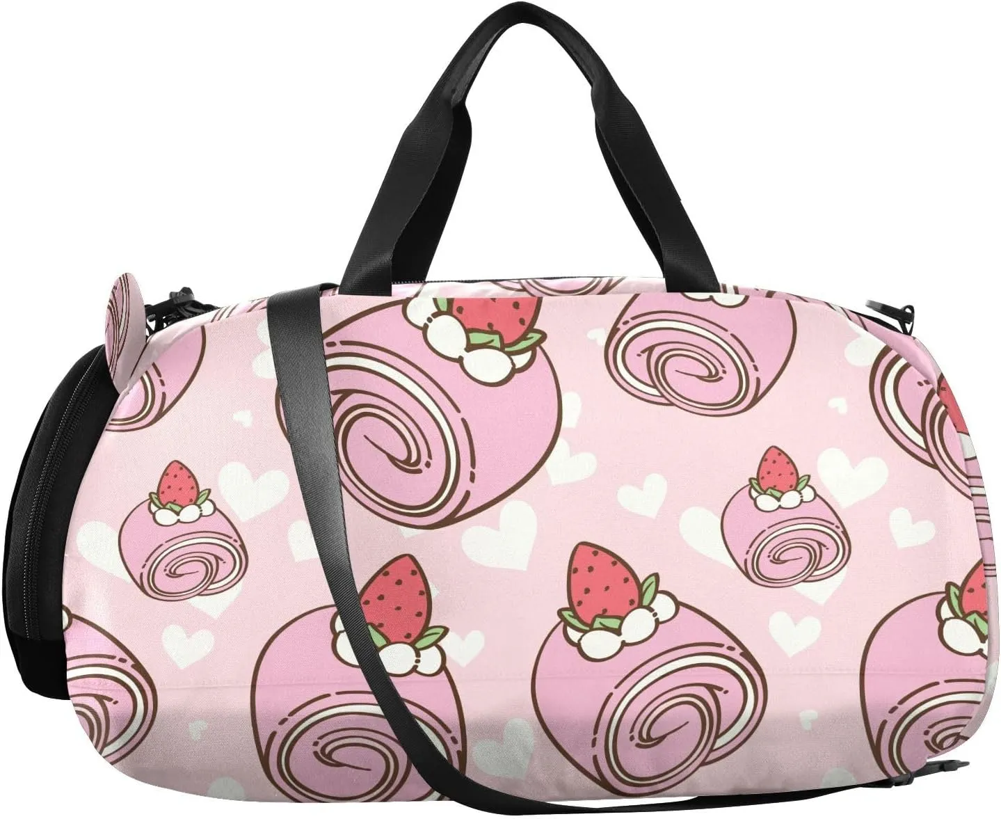 VIGTRO Strawberry Roll Cake Cute Kids Overnight Travel Duffel Bag Sport Gym Bag for Boys Girls with Shoe Compartment, Carry On Weekender Luggage Bag for Dance Swim Yoga