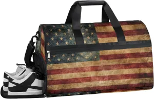 Vintage American Flag Sports Gym Bag with Wet Pocket & Shoes Compartment Waterproof Workout Duffel Bag for Women and Men Weekender Overnight Duffle Bag Travel Carry-on Tote