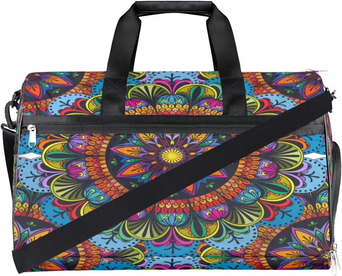 Vintage Mandala Pattern Sports Gym Bag for Women Men Travel Duffel Bag with Wet Pocket & Shoes Compartment Waterproof Weekender Overnight Tote Carry on Bag Lightweight