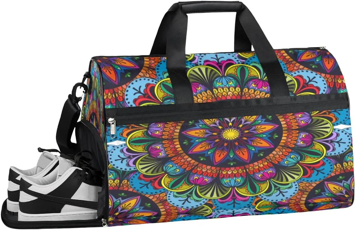 Vintage Mandala Pattern Sports Gym Bag for Women Men Travel Duffel Bag with Wet Pocket & Shoes Compartment Waterproof Weekender Overnight Tote Carry on Bag Lightweight