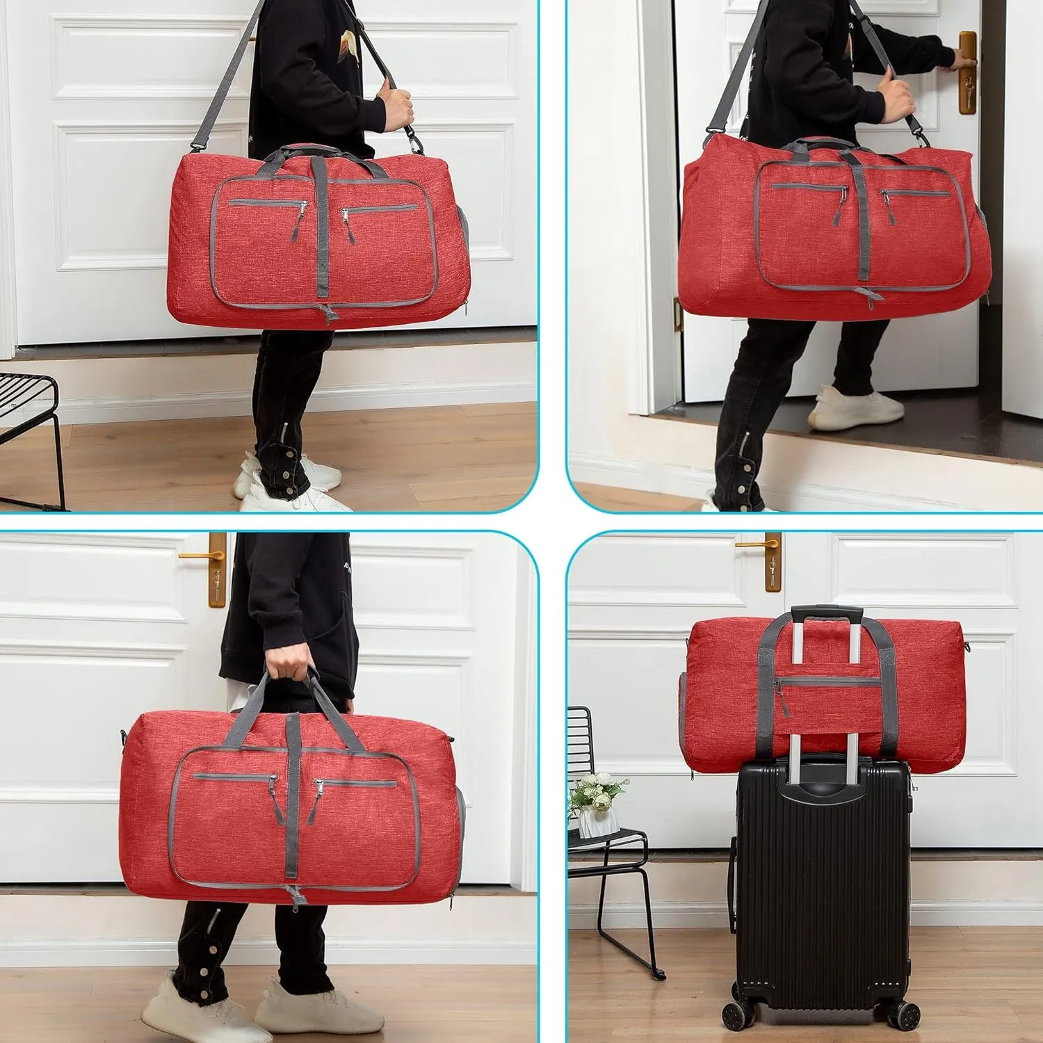 Vomgomfom Foldable Travel Duffle Bag, Packable and Lightweight Duffel Bag with Shoes Compartment, Weekender Bag for Men Women Waterproof & Tear Resistant, F Red, 85L