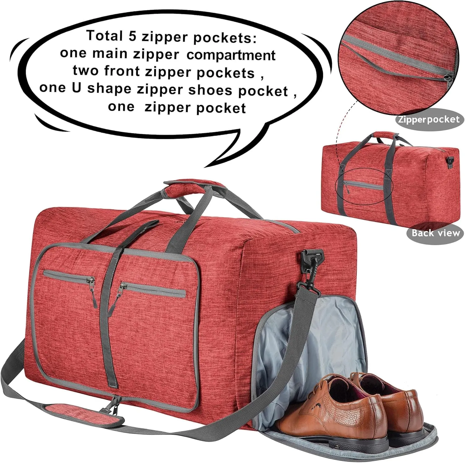 Vomgomfom Foldable Travel Duffle Bag, Packable and Lightweight Duffel Bag with Shoes Compartment, Weekender Bag for Men Women Waterproof & Tear Resistant, F Red, 85L