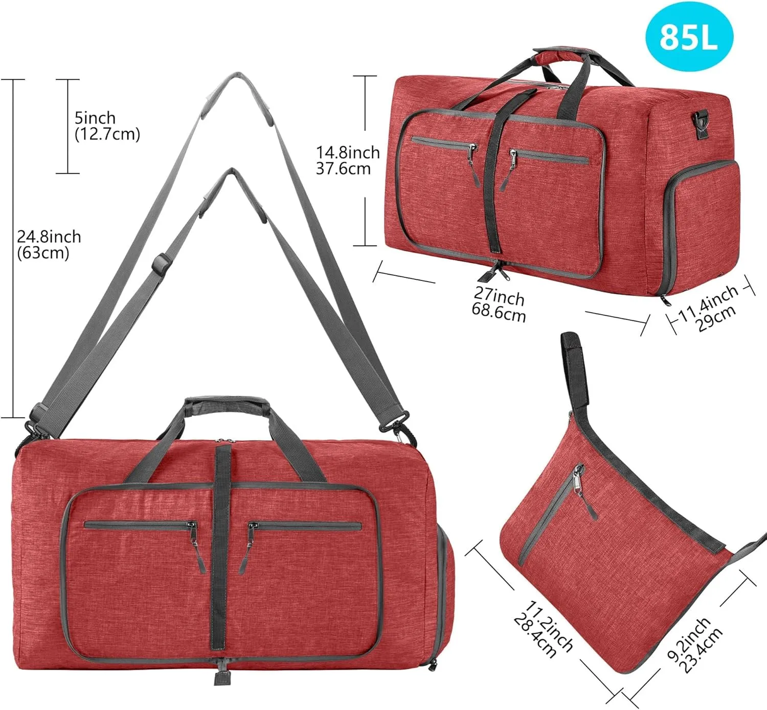 Vomgomfom Foldable Travel Duffle Bag, Packable and Lightweight Duffel Bag with Shoes Compartment, Weekender Bag for Men Women Waterproof & Tear Resistant, F Red, 85L