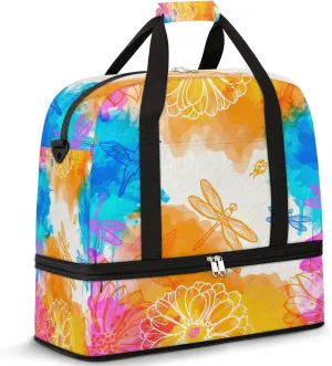Watercolor Flower Dragonfly Painting Foldable Travel Duffel Bag Tote Carry On Luggage Sport Duffle for Women Men Gym Bag Overnight Weekender Bags with Shoe Compartments & Shoulder Strap