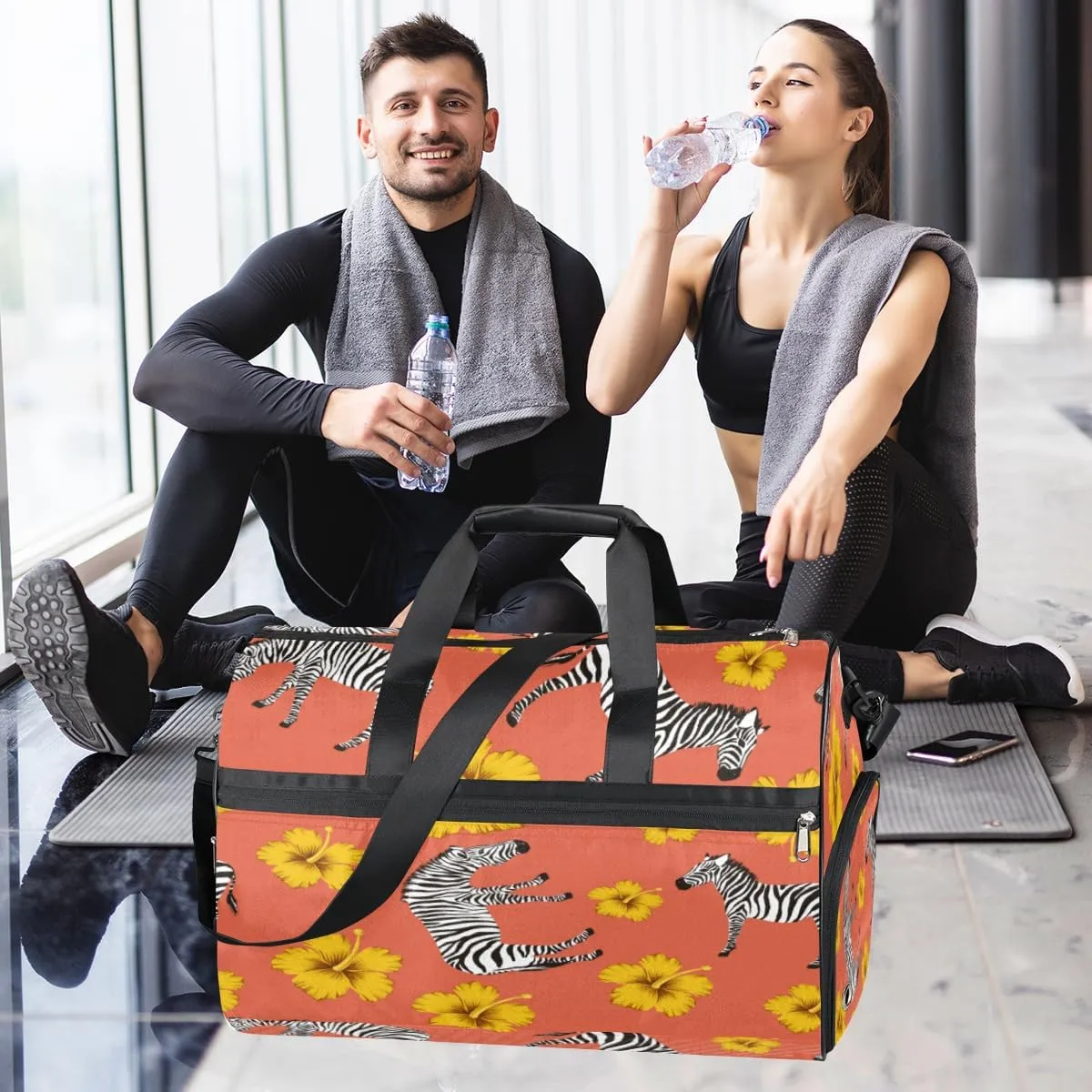 Watercolor Zebras Sports Gym Bag for Women Men Travel Duffel Bag with Wet Pocket & Shoes Compartment Waterproof Weekender Overnight Tote Carry on Bag Lightweight