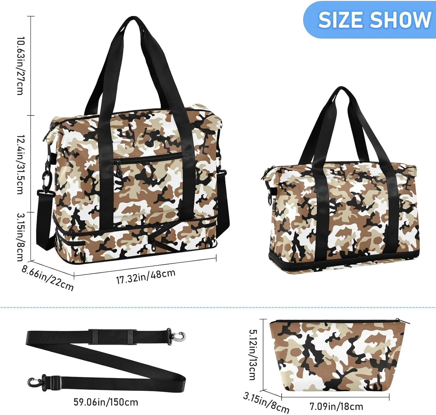 Weekender Bag for Women, Camouflage Desert Gym Bag Sports Duffle Bag Travel Tote Bag with Toiletry Bag Shoes Compartment Dry/Wet Separation Swim Bag