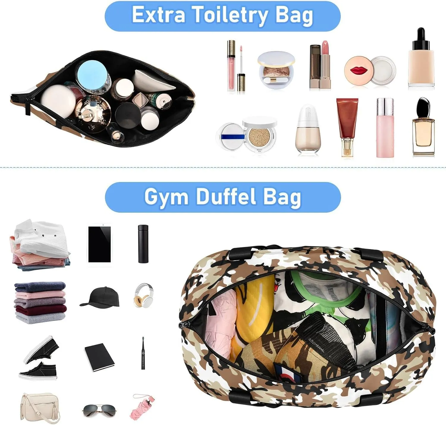 Weekender Bag for Women, Camouflage Desert Gym Bag Sports Duffle Bag Travel Tote Bag with Toiletry Bag Shoes Compartment Dry/Wet Separation Swim Bag
