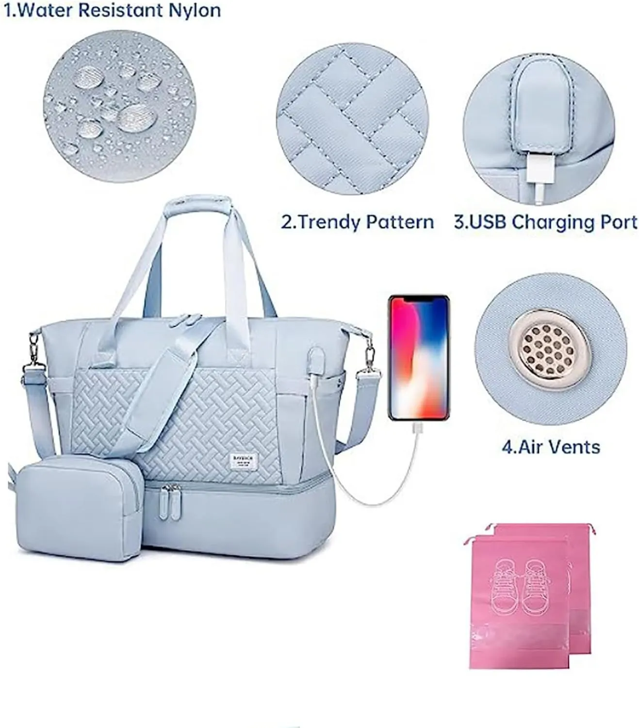 Weekender Bag for Women,Sports Travel Duffel Bag with Shoe Compartment & USB Charging Port,Gym Bag with Toiletry Bag,Carry on Duffel Bag for Travel, Gym, Yoga,Trips,A