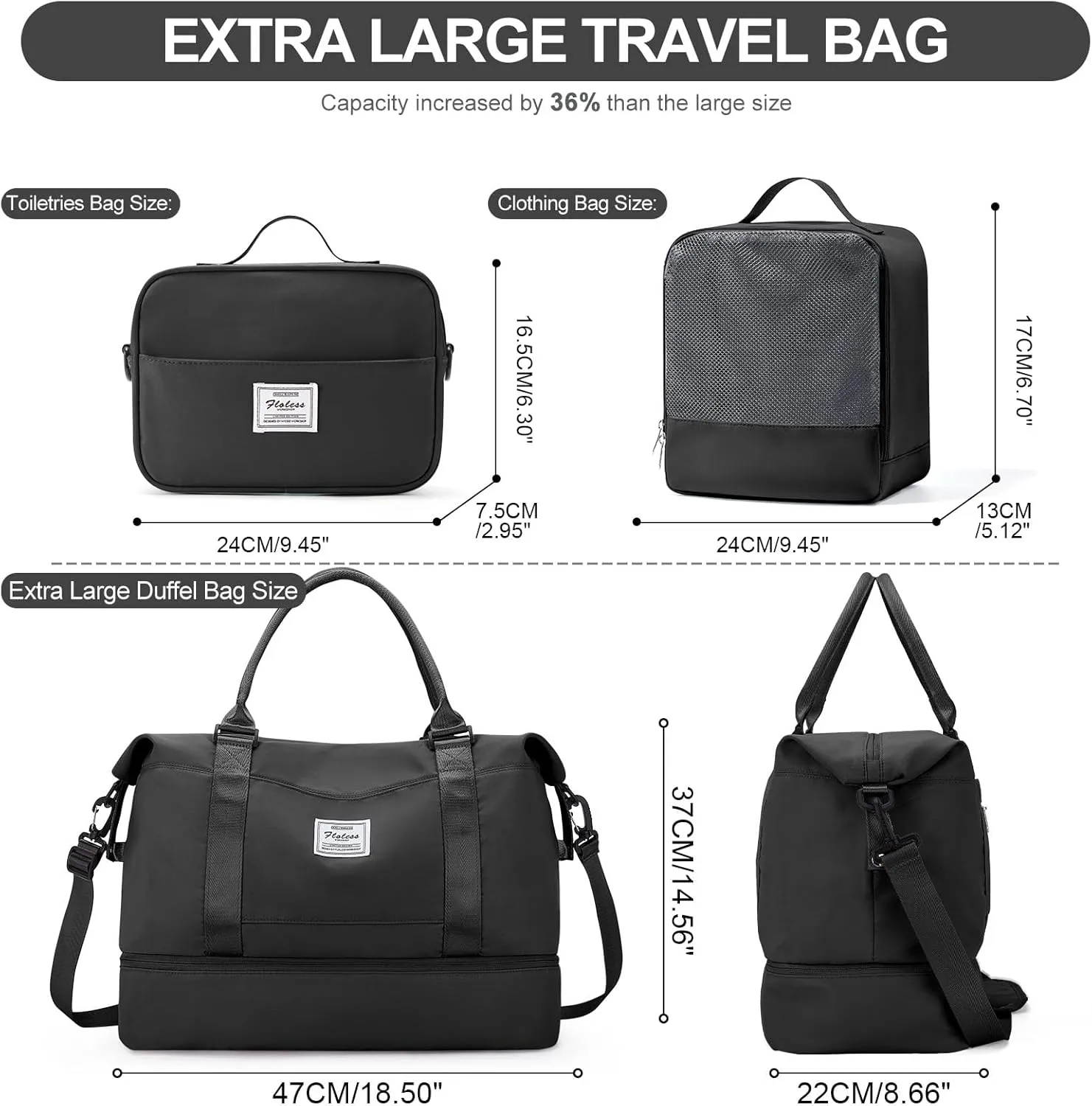 Weekender Bags for Women,Personal Item Travel Bag with Shoes Compartment,Overnight Travel Duffel Bag with Toiletry Bag, A-Black-3Pcs-0022, Extra Large