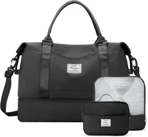 Weekender Bags for Women,Personal Item Travel Bag with Shoes Compartment,Overnight Travel Duffel Bag with Toiletry Bag, A-Black-3Pcs-0022, Extra Large