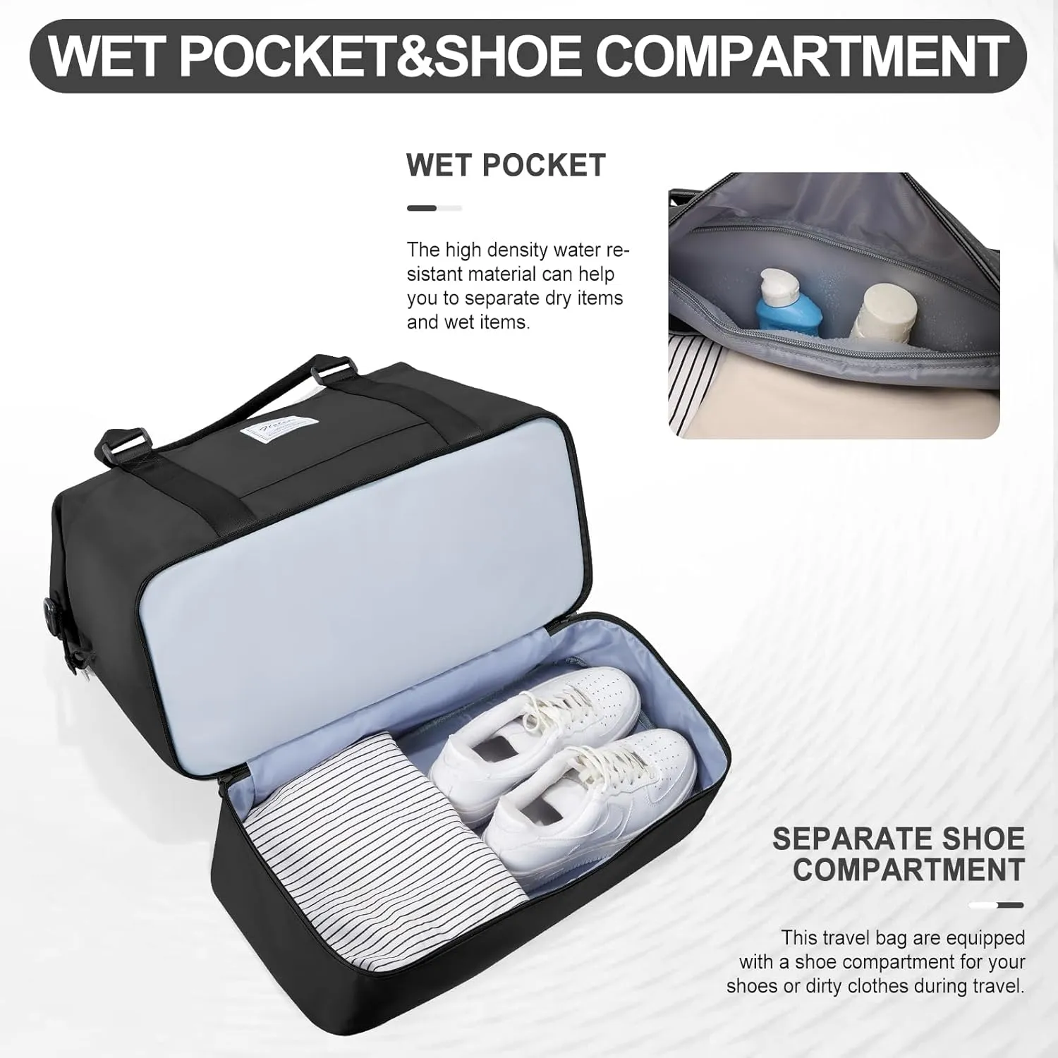 Weekender Bags for Women,Personal Item Travel Bag with Shoes Compartment,Overnight Travel Duffel Bag with Toiletry Bag, A-Black-3Pcs-0022, Extra Large
