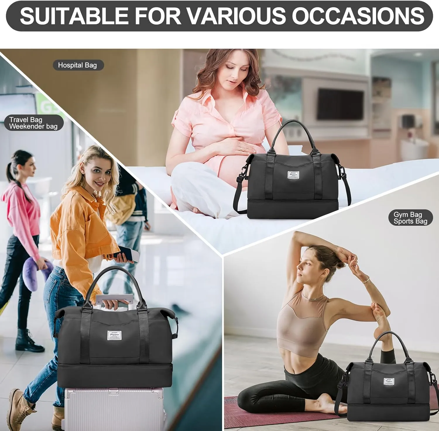 Weekender Bags for Women,Personal Item Travel Bag with Shoes Compartment,Overnight Travel Duffel Bag with Toiletry Bag, A-Black-3Pcs-0022, Extra Large