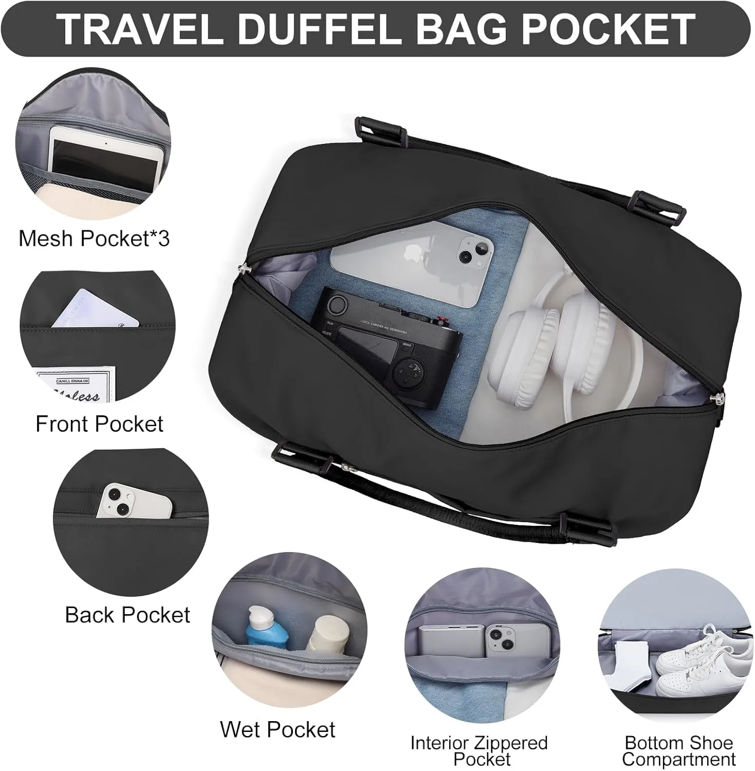Weekender Bags for Women,Personal Item Travel Bag with Shoes Compartment,Overnight Travel Duffel Bag with Toiletry Bag, A-Black-3Pcs-0022, Extra Large