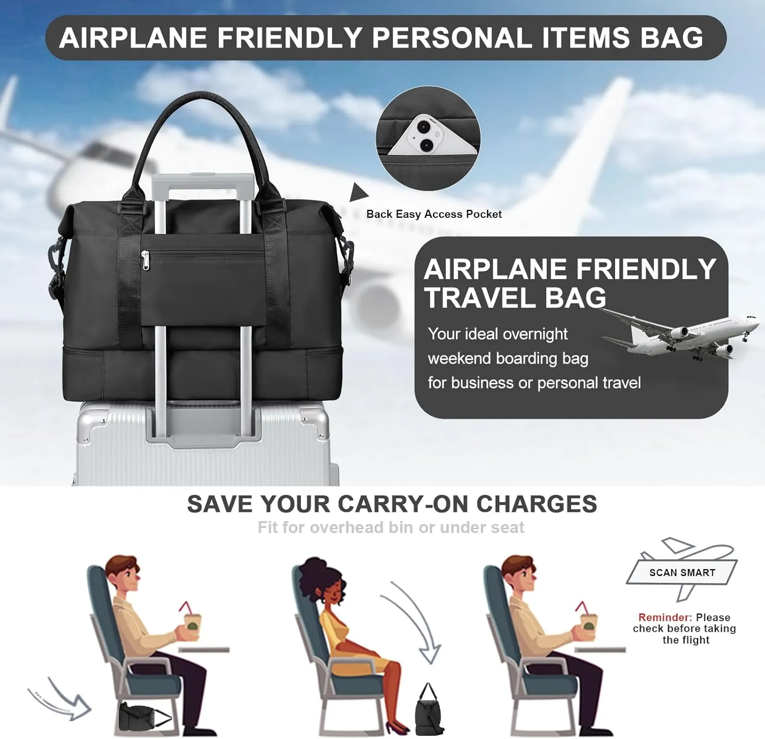 Weekender Bags for Women,Personal Item Travel Bag with Shoes Compartment,Overnight Travel Duffel Bag with Toiletry Bag, A-Black-3Pcs-0022, Extra Large