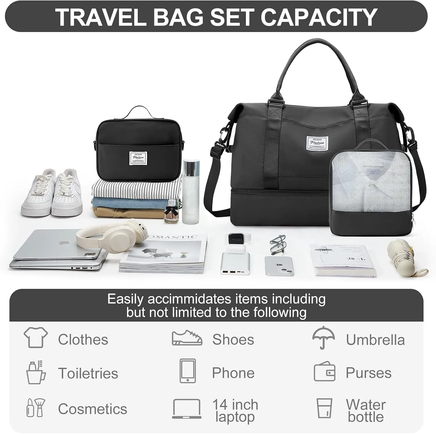 Weekender Bags for Women,Personal Item Travel Bag with Shoes Compartment,Overnight Travel Duffel Bag with Toiletry Bag, A-Black-3Pcs-0022, Extra Large