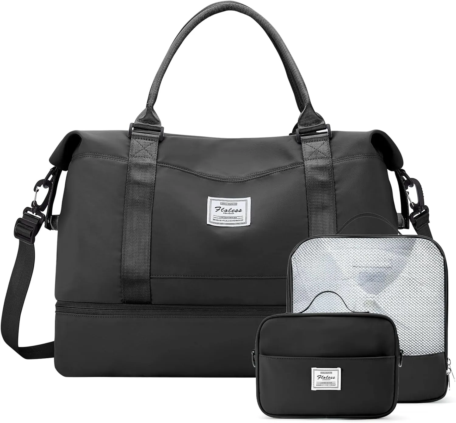 Weekender Bags for Women,Personal Item Travel Bag with Shoes Compartment,Overnight Travel Duffel Bag with Toiletry Bag, A-Black-3Pcs-0022, Extra Large