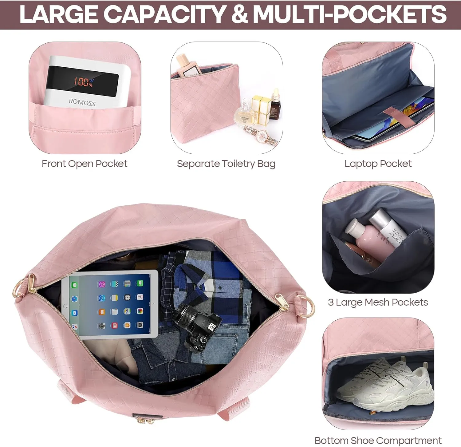 Weekender Overnight Bag for Women, Large Travel Duffel with Shoe Compartment, Wet Pocket, USB Charging Port, Carry-On Gym Tote Bag (Pink)
