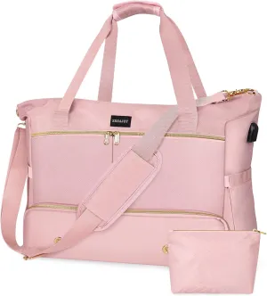 Weekender Overnight Bag for Women, Large Travel Duffel with Shoe Compartment, Wet Pocket, USB Charging Port, Carry-On Gym Tote Bag (Pink)