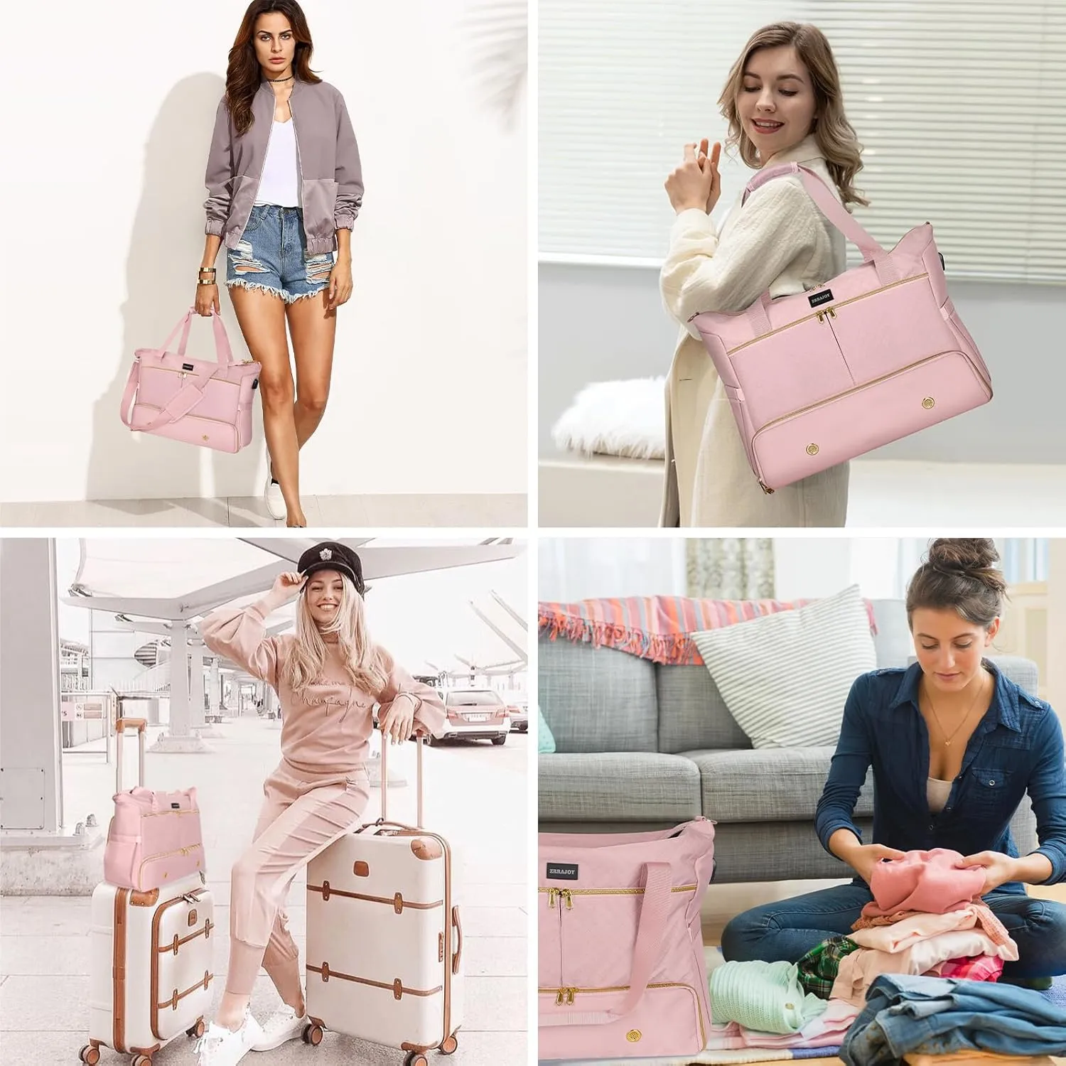 Weekender Overnight Bag for Women, Large Travel Duffel with Shoe Compartment, Wet Pocket, USB Charging Port, Carry-On Gym Tote Bag (Pink)