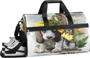 Welcome Animal Dog Sunflower Resistant Sports Gym Bag for Women Men Travel Duffel bag with Wet Pocket & Shoes Compartment Waterproof Weekender Bag 19.7"x9.9"x13"