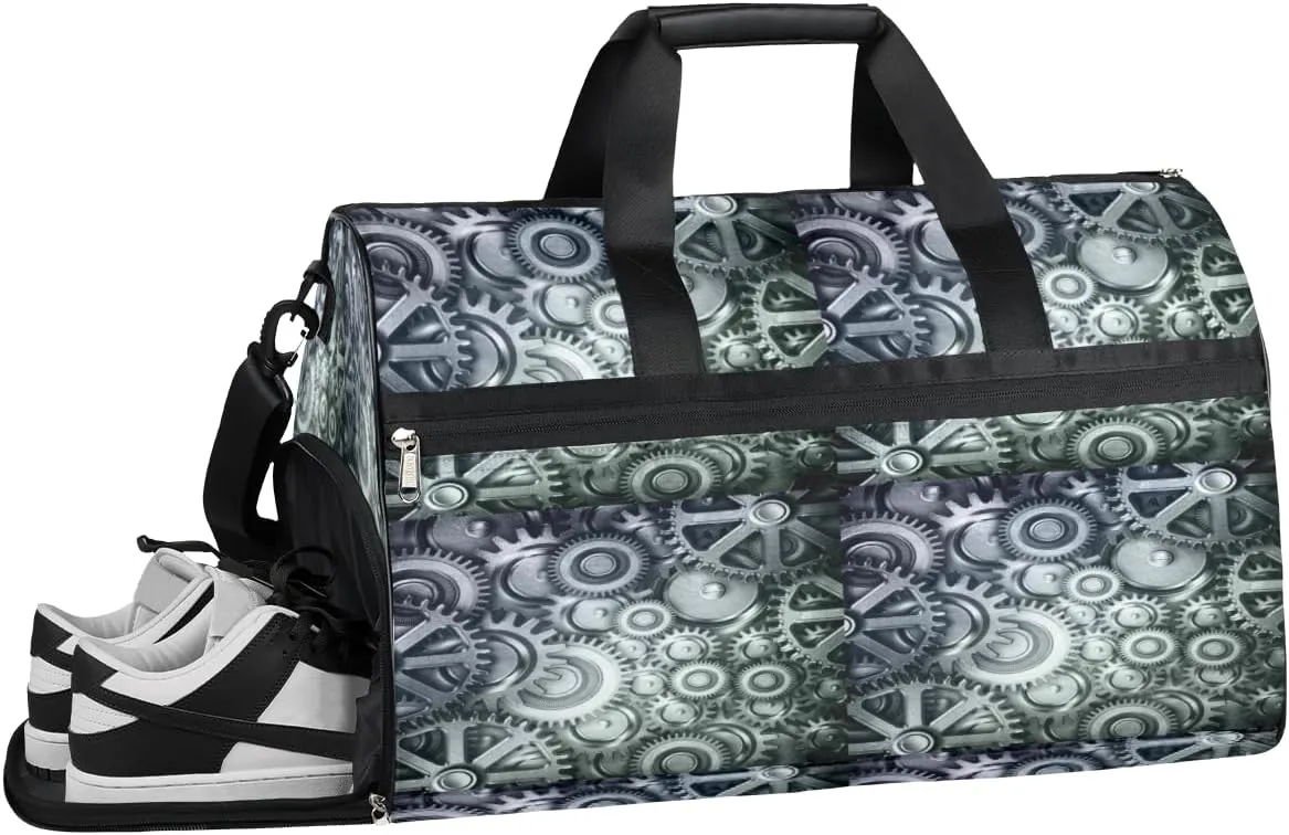 Wheel Gears Pattern Sports Gym Bag for Women and Men Travel Duffel Bag Overnight Shoulder Bag Waterproof Workout Bag Portable Sports Tote with Shoes Compartment