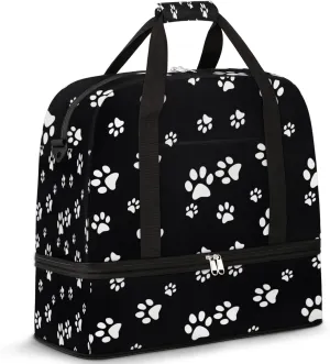 White Puppy Paw Print Black Foldable Travel Duffel Bag Tote Carry on Luggage Sport Duffle for Women Men Gym Bag Overnight Weekender Bags with Shoe Compartments and Shoulder Strap