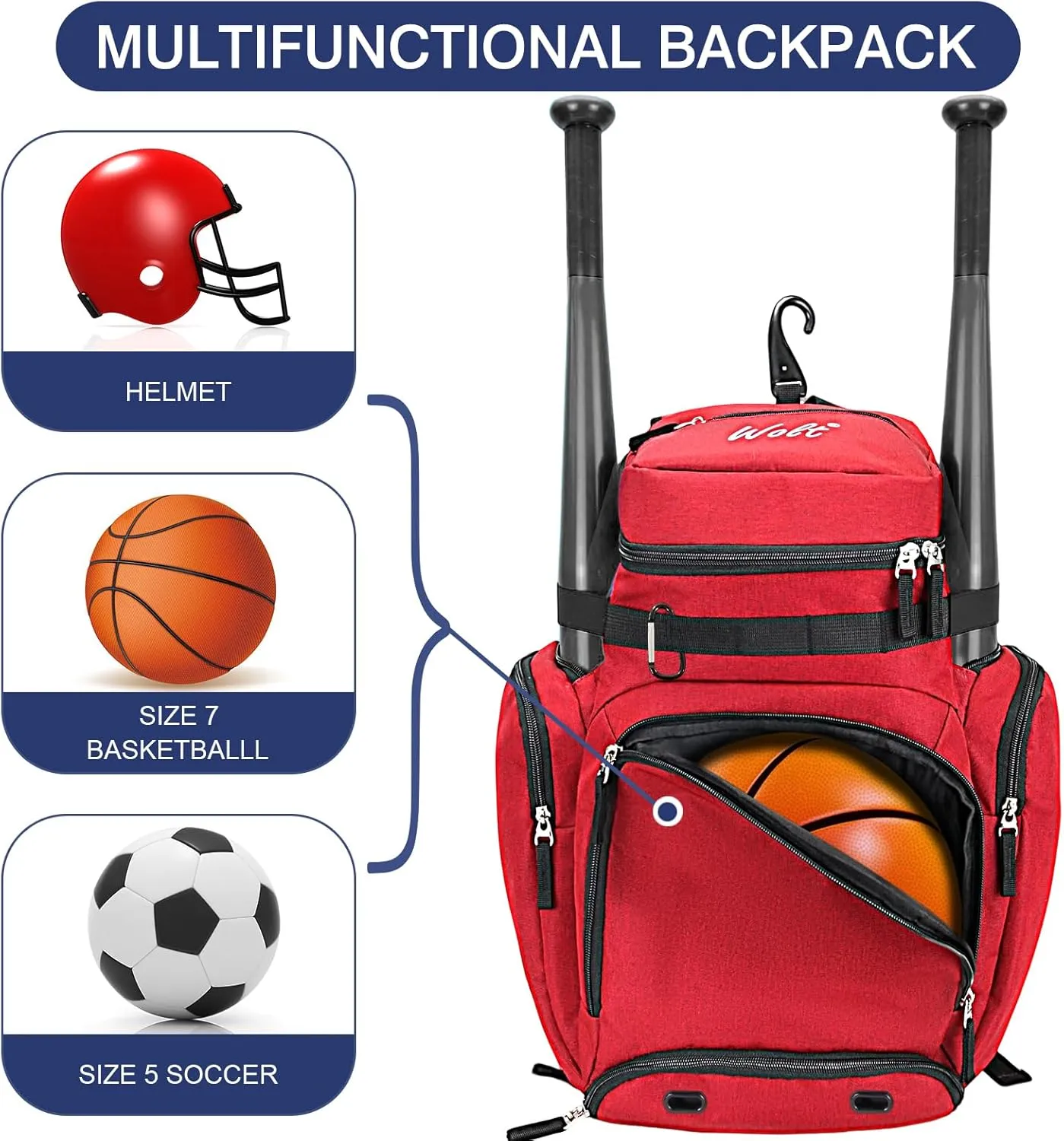 WOLT Baseball Bag Backpack for Youth and Adults-Softball Bag with Separate Helmet Compartment and Shoes Pocket,Multifunctional Sport Backpack for Baseball, Volleyball,Basketball, Soccer