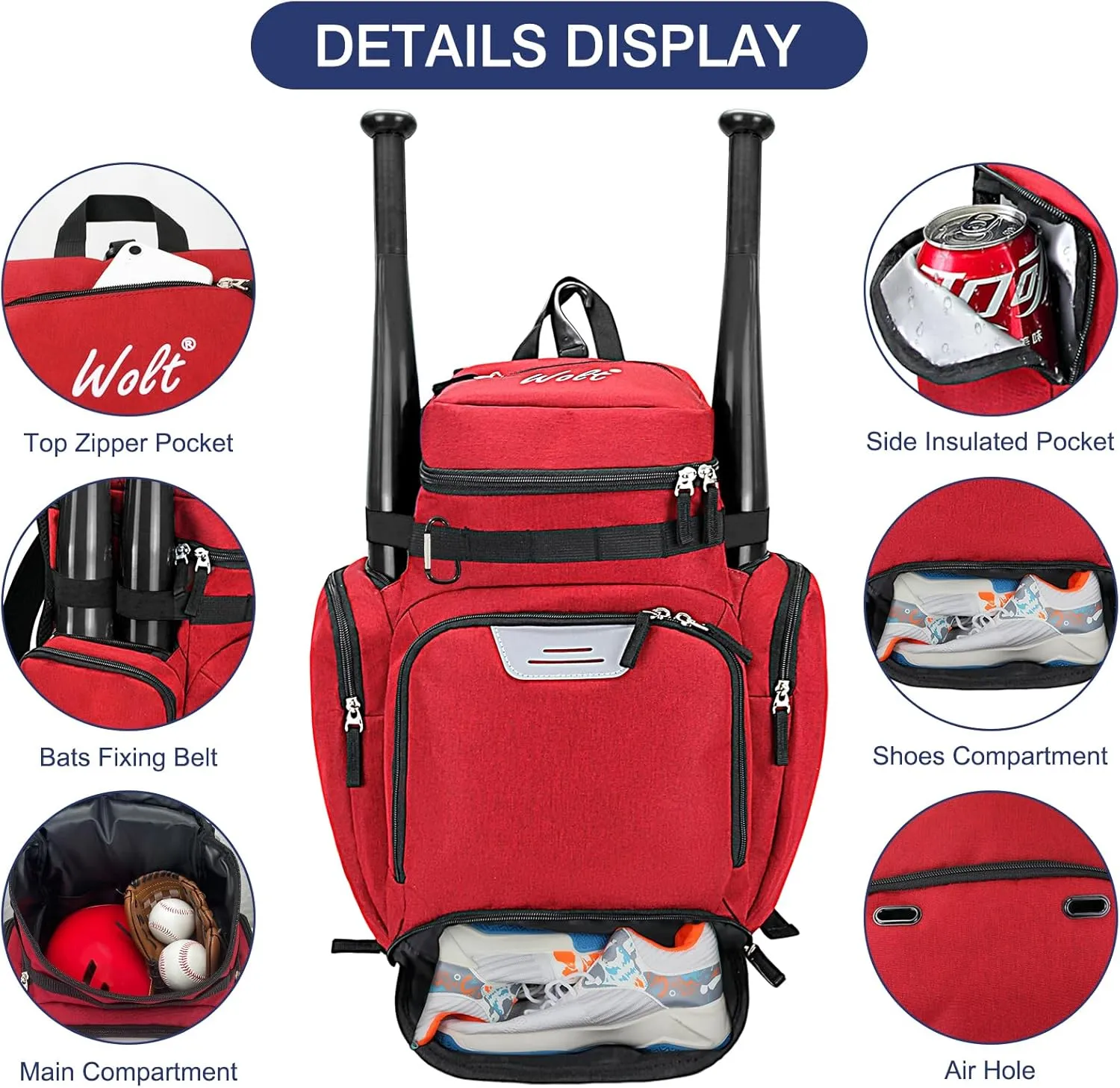 WOLT Baseball Bag Backpack for Youth and Adults-Softball Bag with Separate Helmet Compartment and Shoes Pocket,Multifunctional Sport Backpack for Baseball, Volleyball,Basketball, Soccer