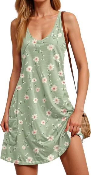 Women Summer Dresses Casual Sleeveless Dress with Pocket Vacation 2025 Swimsuit Coverup Beach Printed Sundress