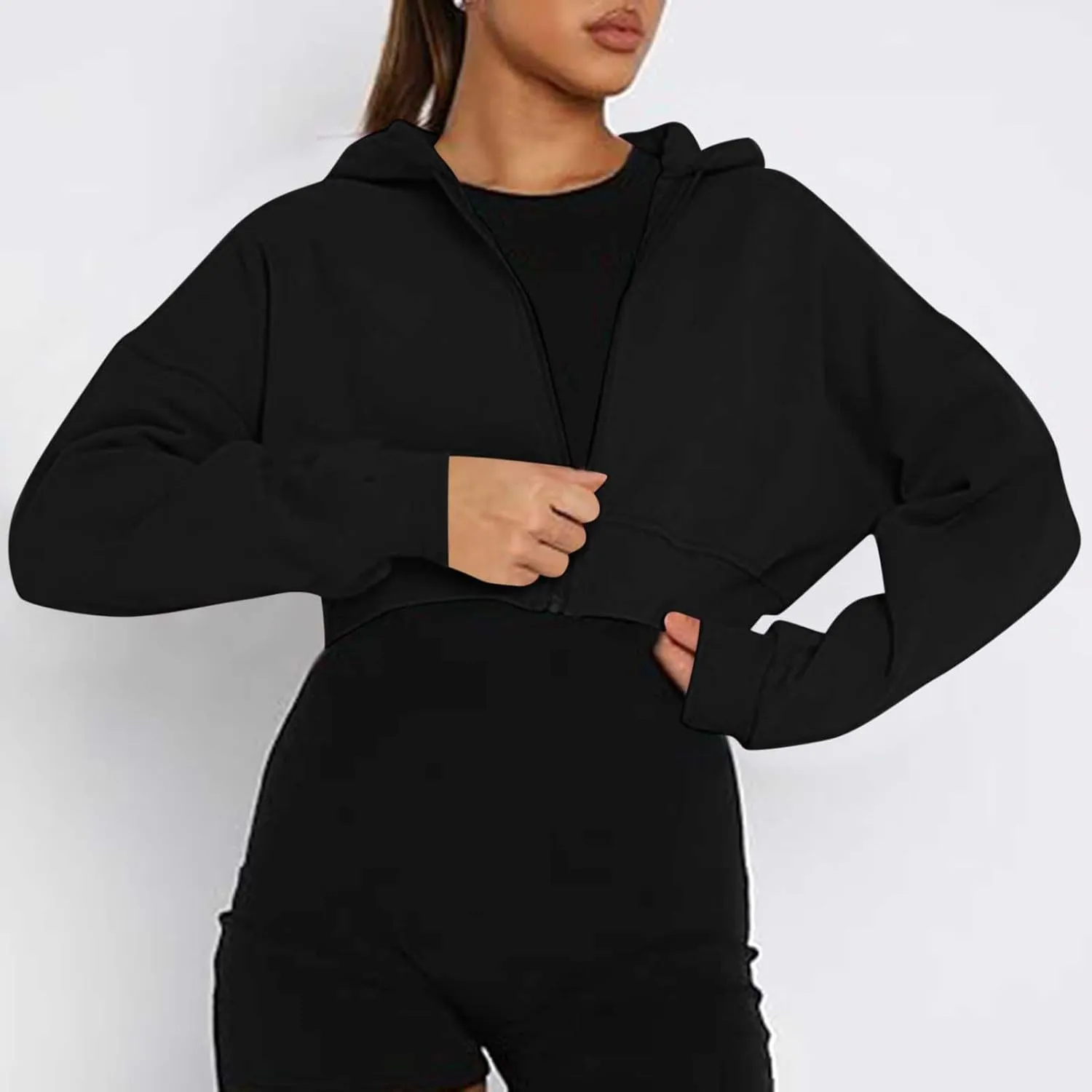 Women's Half Zipper Cropped Sweatshirts Hoodies,Casual V Neck Long Sleeve Pullover Tunic Comfy Basic Tops
