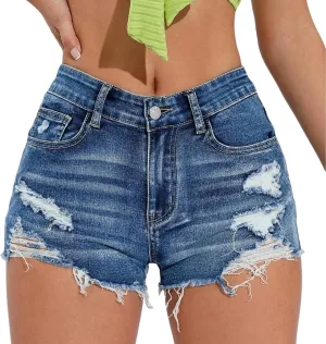 Womens High Waisted Ripped Trim Denim Shorts, Vintage Casual Jean Shorts with Pockets