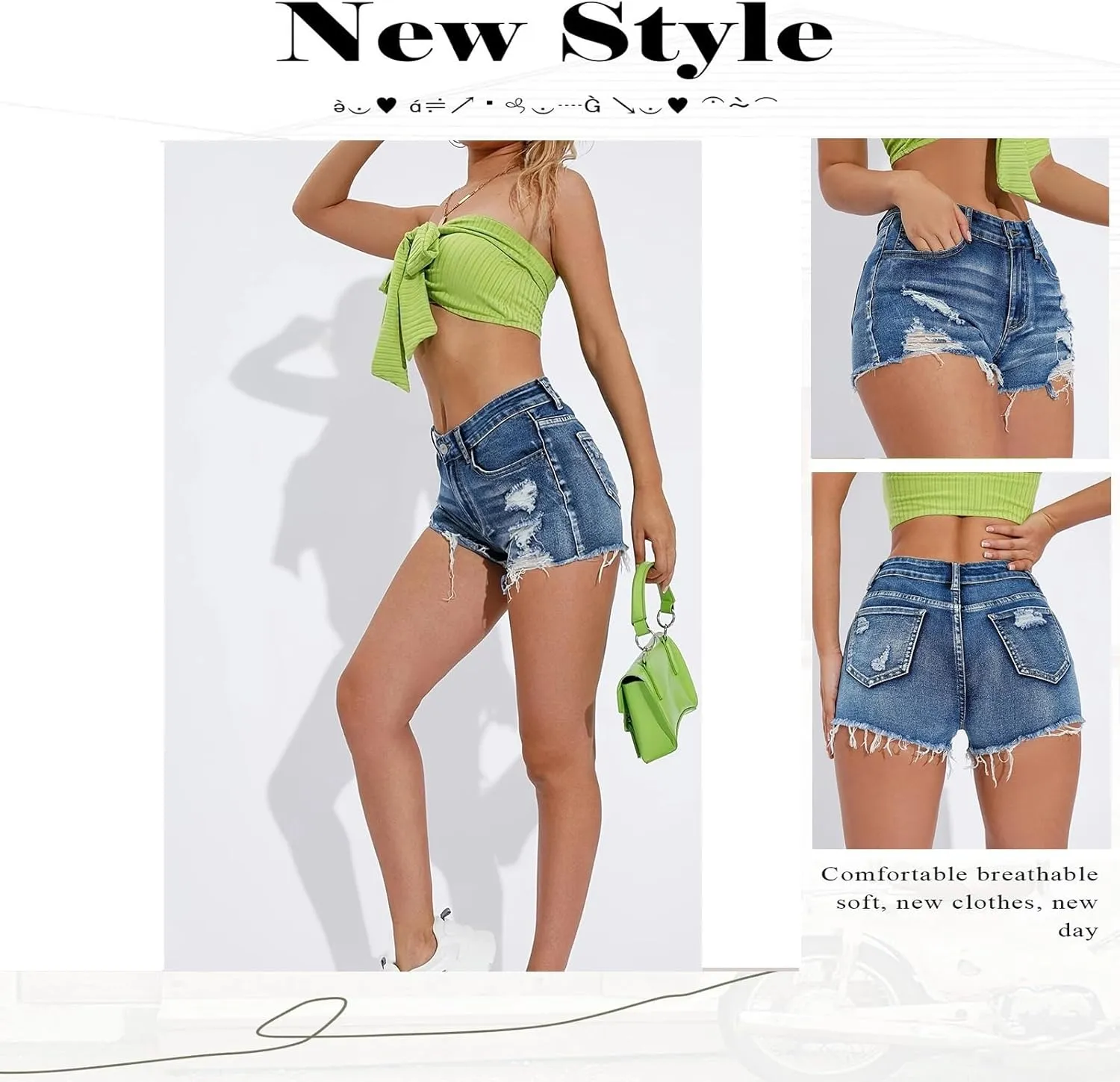 Womens High Waisted Ripped Trim Denim Shorts, Vintage Casual Jean Shorts with Pockets