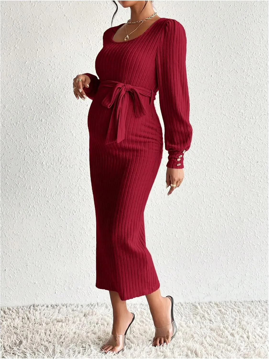 Women's Maternity Dress Scoop Neck Long Sleeve Belted Bodycon Midi Dress