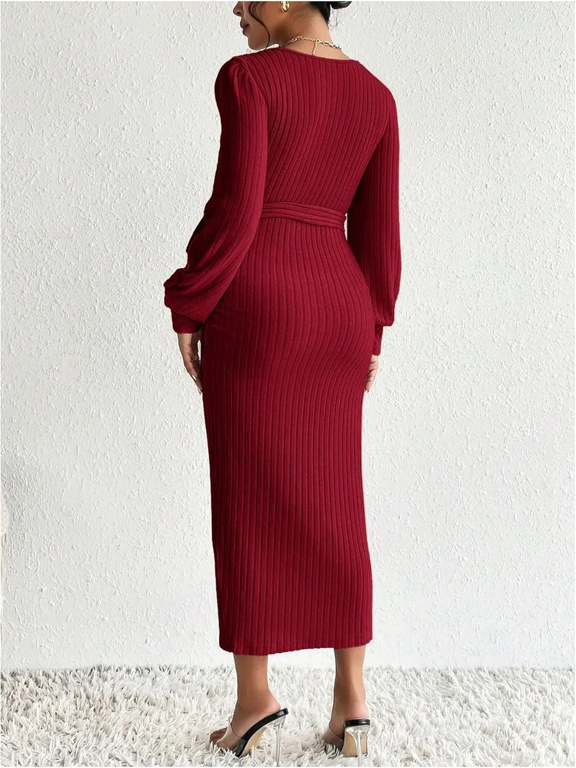 Women's Maternity Dress Scoop Neck Long Sleeve Belted Bodycon Midi Dress