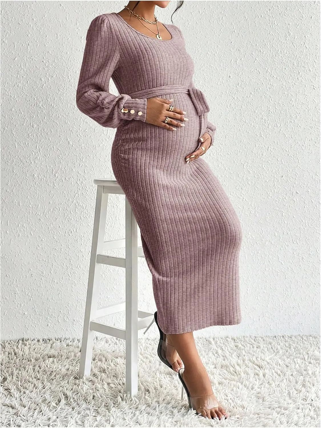 Women's Maternity Dress Scoop Neck Long Sleeve Belted Bodycon Midi Dress