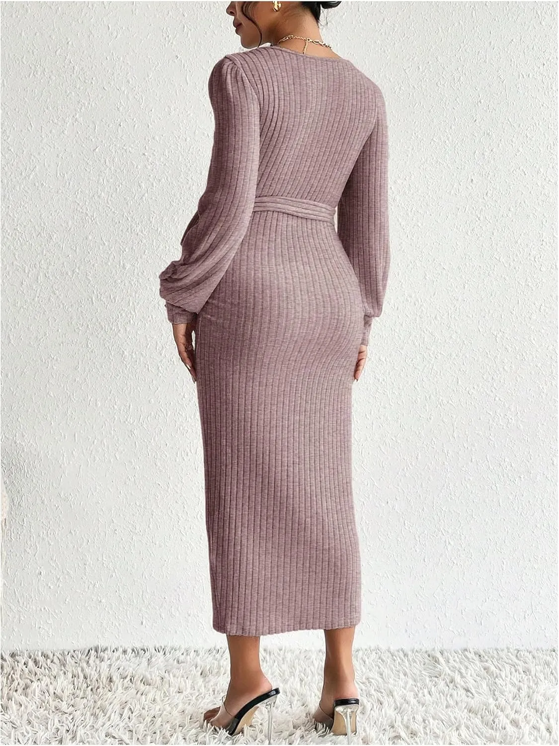 Women's Maternity Dress Scoop Neck Long Sleeve Belted Bodycon Midi Dress